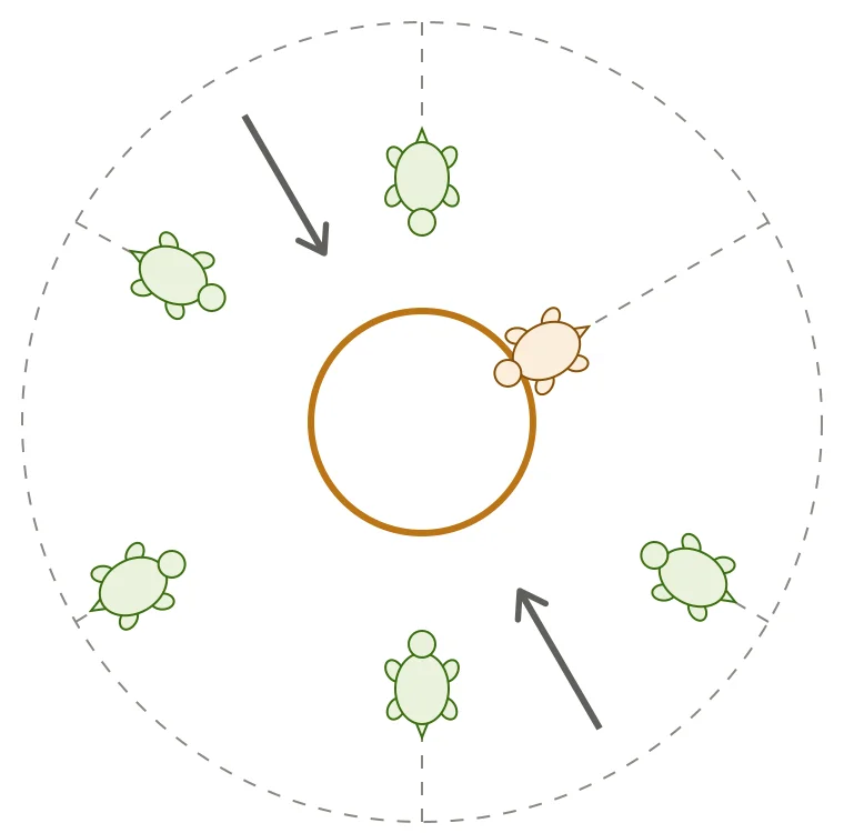 Diagram of six turtles spaced apart around the outer edge of a circle, crawling inward toward a small circle at the center.